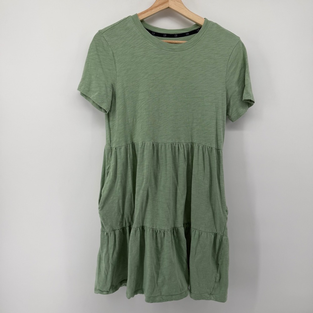 Gap T-Shirt Dress Womens XS Green GP004071 S24 Tiered Slub Cotton Short Sleeve‎